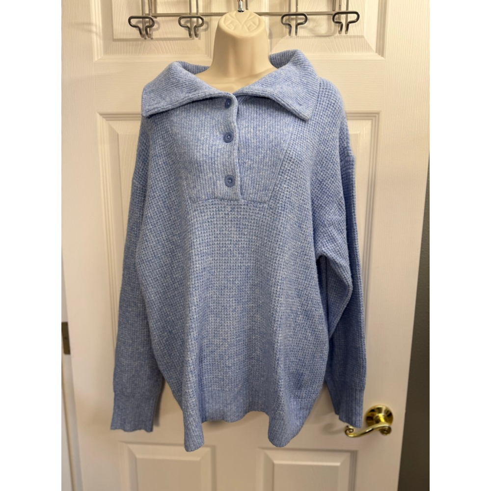 Aerie women's oversized waffle knit sweater button-up collar Blue Medium